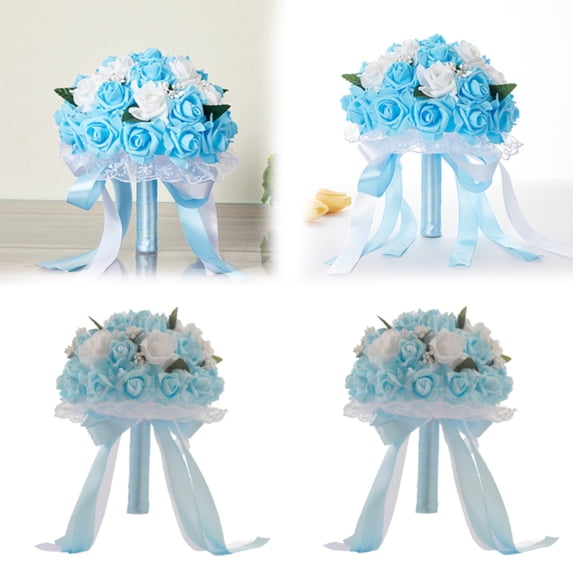 Fake Flower Bouquet Artificial And Dried Flower Colors Bridal Bouquet Ribbon Wedding Bouquet Bride Holding Flower Pe Rose Bridesmaid Wedding Foam Flowers Rose,Blue Household Imitation