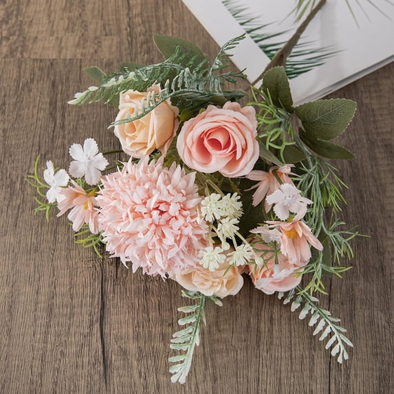 Fake Flower Bouquet Home Decor Artificial Flowers Artificialsilk Bouquet Faux Flowers Arrangement For Wedding Table Centerpieces, Fern Leaves For Party Wedding Home Decor,Pink Household Imitation