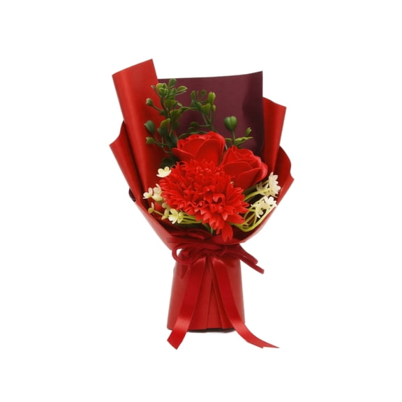 Fake Flower Bouquet Red Artificial Rose Carnation Arrangement Small Wrapped Mini Floral Gift for Desktop Table Home Decor
