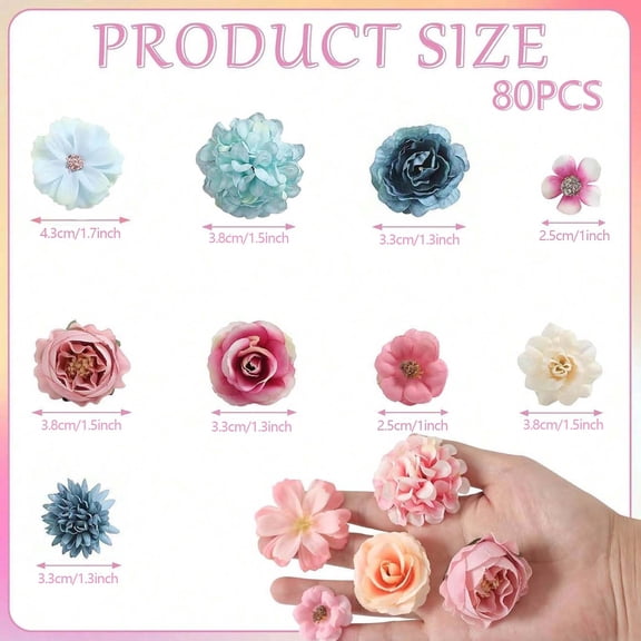 Fake Flower Heads for Crafts - Multi Silk Artificial Roses, Peonies, Daisies & Mini Floral Heads Bulk (80-Pack) for Wedding Decor, Graduation Cap, Cake Topper, Home Decoration (Pink)