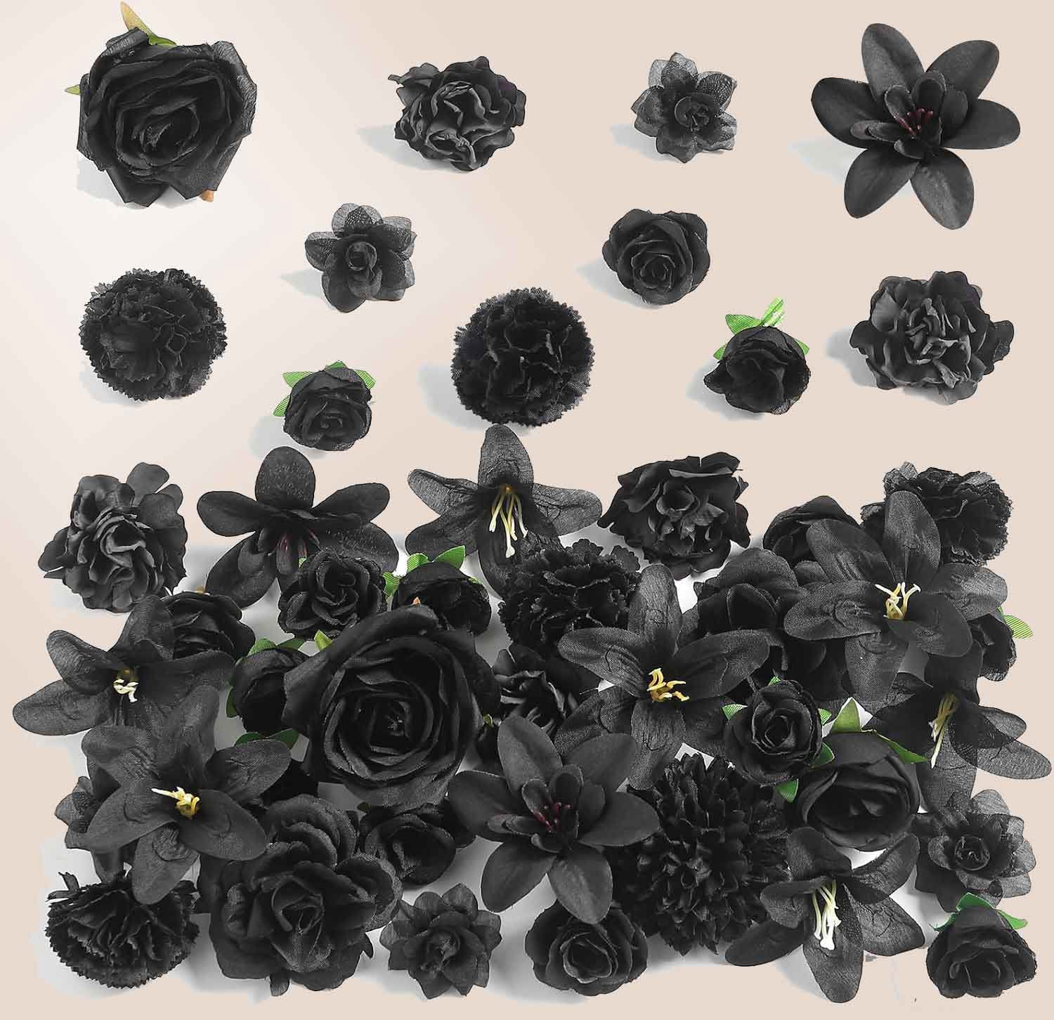 Fake Flower Heads for Crafts - Black Silk Artificial Roses, Peonies, Daisies & Floral Heads for Wedding Decor, Graduation Caps, and Home Decoration