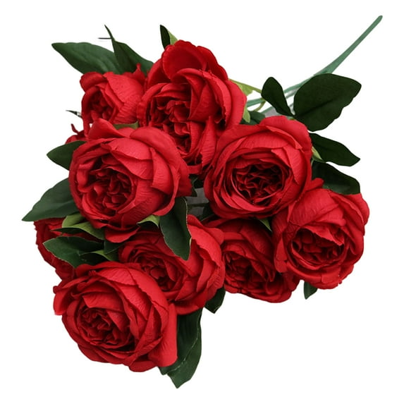 Fake Flower Realistic No Withering Home Decoration European Style 10 Head Artificial Burgundy Roses Bunch for Living Room-Red