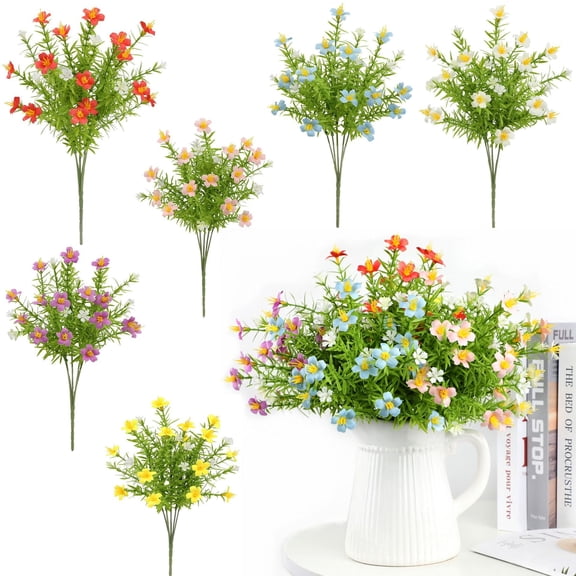 Fake Flowers, 4 Pcs Daisy Flowers Artificial, 13.8 Inch Fake Daisies Outdoor Plants, Spring Wild Flowers for Wedding Daisy Party Decorations(Pink,Yellow,Yellow,White,White,Blue)