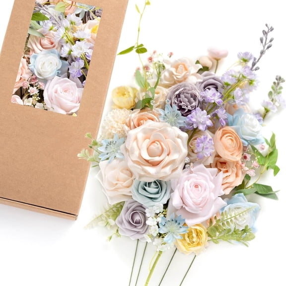 Fake Flowers Box, Faux Artificial Greenery Stems Foam Roses Gardenia Silk Ranunculus Fabic Flower for Centerpieces Bouquet Wedding Vase Decorations, Powder Blue & Peach, Deluxe Combo