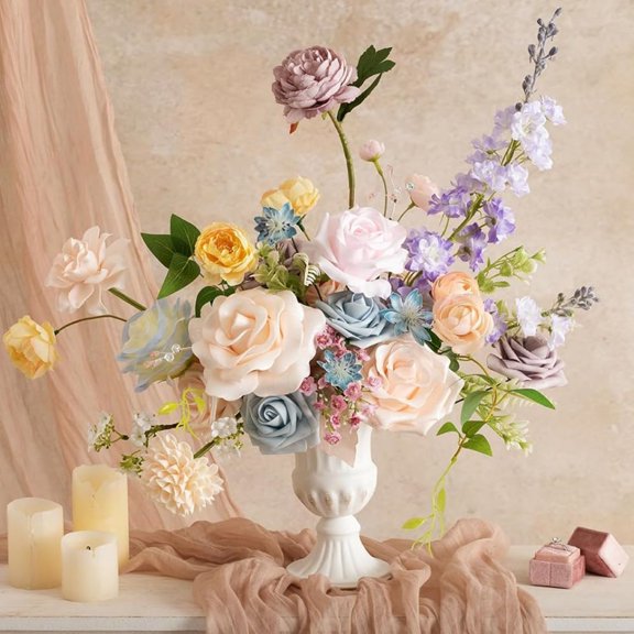 Fake Flowers Box, Faux Artificial Greenery Stems Foam Roses Gardenia Silk Ranunculus Fabic Flower for Centerpieces Bouquet Wedding Vase Decorations, Powder Blue & Peach, Deluxe Combo