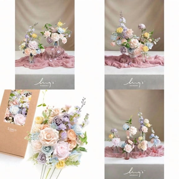 Fake Flowers Box Faux Artificial Greenery Stems Foam Roses Gardenia Silk Ranunculus Fabic Flower for Centerpieces Bouquet Wedding Vase Decorations Powder Blue Peach Deluxe Combo