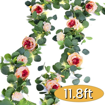 Fake Flowers Garland with Light Eucalyptus Garland Vintage Rose Peony Vine Greenery Decoration Wall Hanging Plant for Fireplace Mantel Wedding 11.8ft Pink
