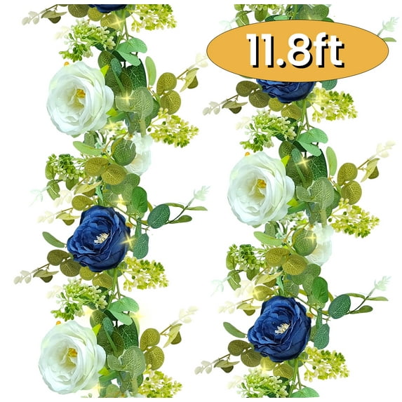 Fake Flowers Garland with Light Eucalyptus Garland Vintage Rose Peony Vine Greenery Decoration Wall Hanging Plant for Fireplace Mantel Wedding 11.8ft White Blue