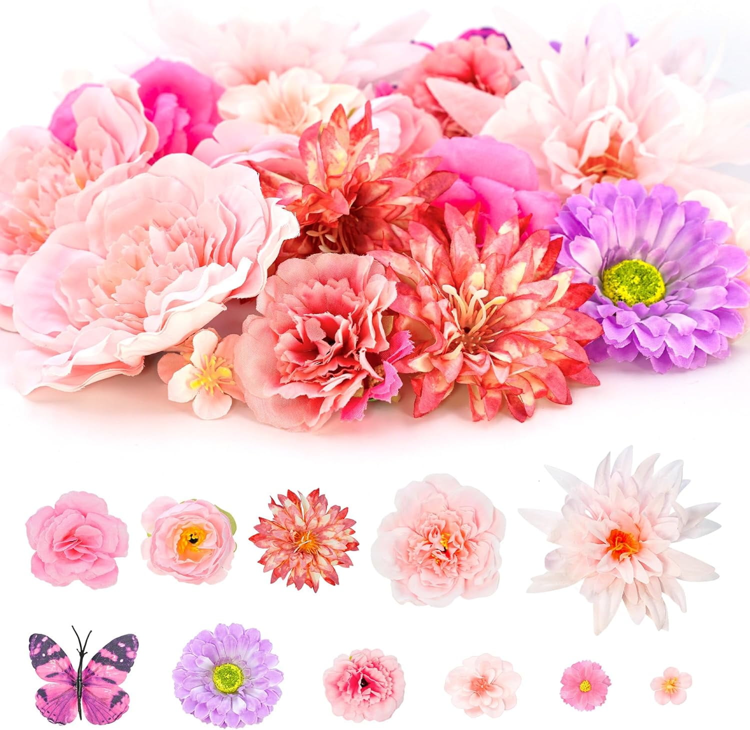 Fake Flowers Heads, Artificial Flower Heads Bulk for Crafts Garland Wedding Party Home Decoration DIY Hair Cap Dresses Decoration (Pink)