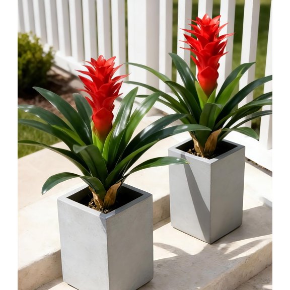 Fake Flowers Plants for Outdoors, 2 Pcs 16.93" Bromeliad Uv Resistant Realistic Faux Flowers for Outdoor Planters Outside Porch Patio Yard Garden Indoor tion(Red)