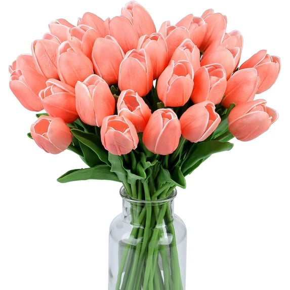15pcs Fake Tulips Artificial Flowers Real Touch Pink 14" PU Flower for Home Kitchen Decor Spring Easter Wedding Bouquet Decorations Office Valentine's Day Gifts(Rose Red)