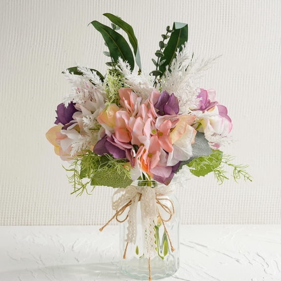 Fake Flowers with Vase, Artificial Pink & Purple Hydrangea Arrangement, Spring Floral Centerpiece for Dining Table, Coffee Table & Farmhouse Home Decor Srping Decoration