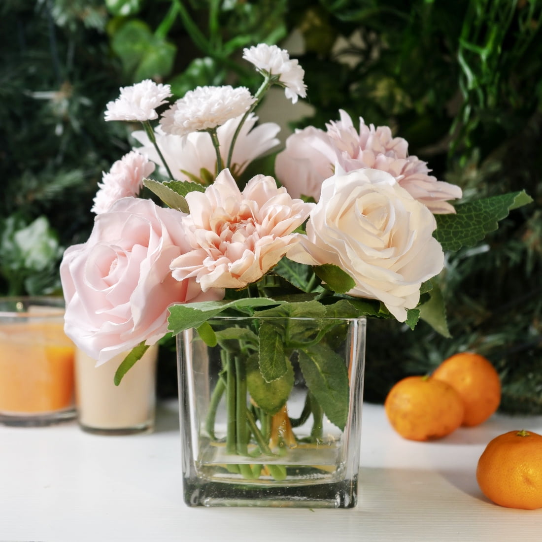 Fake Flowers with Vase, Silk Roses Artificial Flowers in Vase, Faux Flower Arrangement with Vase