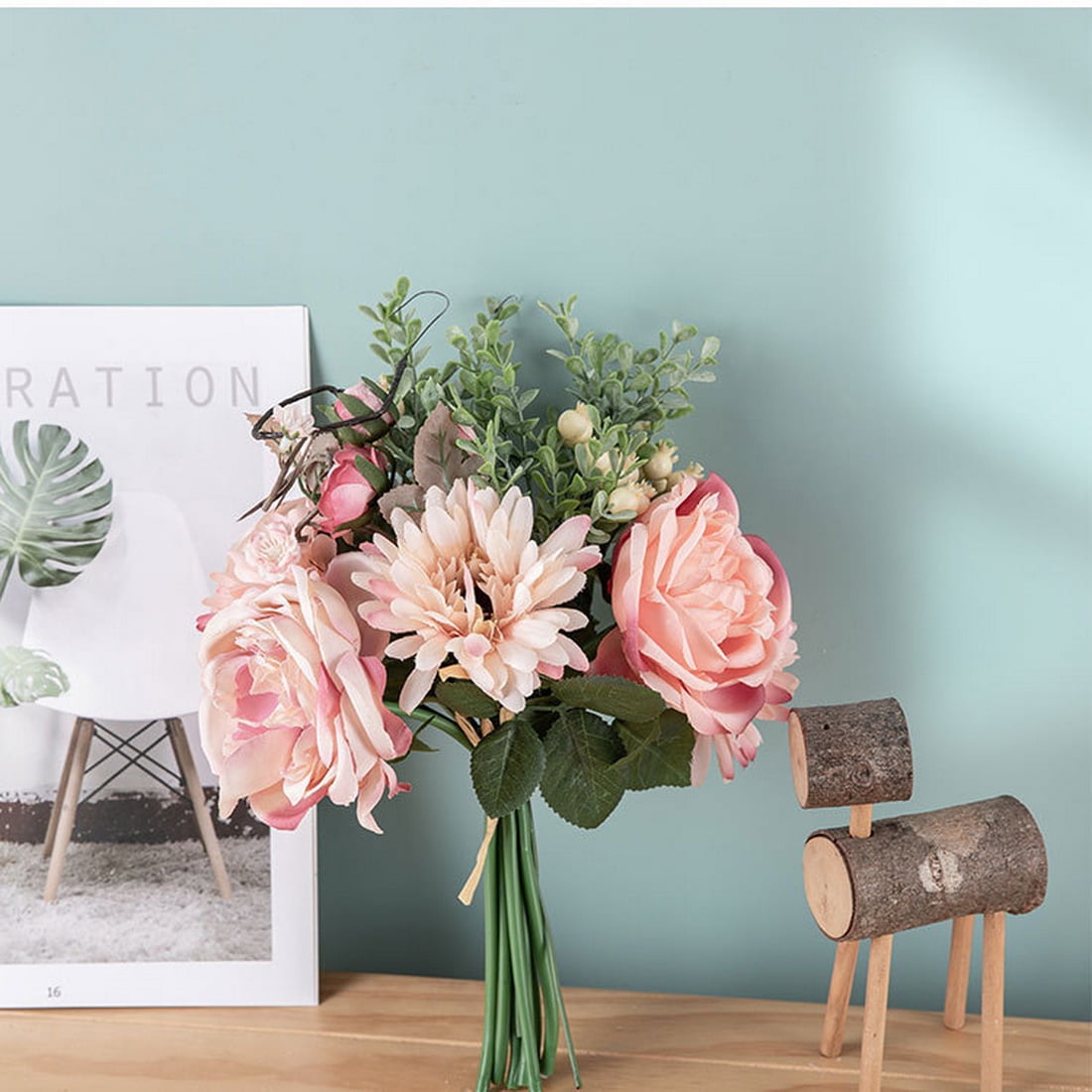 Fake Flowers with Vase, Silk Roses Artificial Flowers in Vase, Faux Flower Arrangement with Vase
