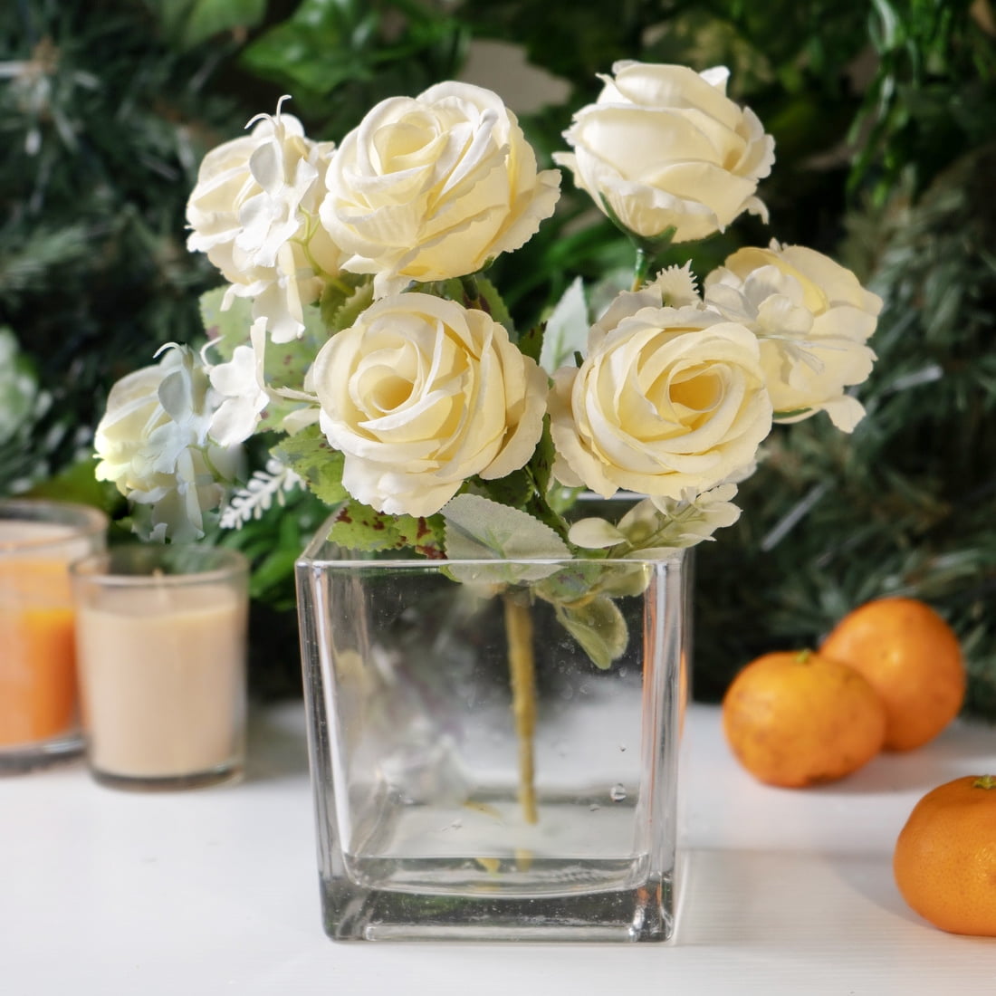 Fake Flowers with Vase, Silk Roses Artificial Flowers in Vase, Faux Flower Arrangement with Vase