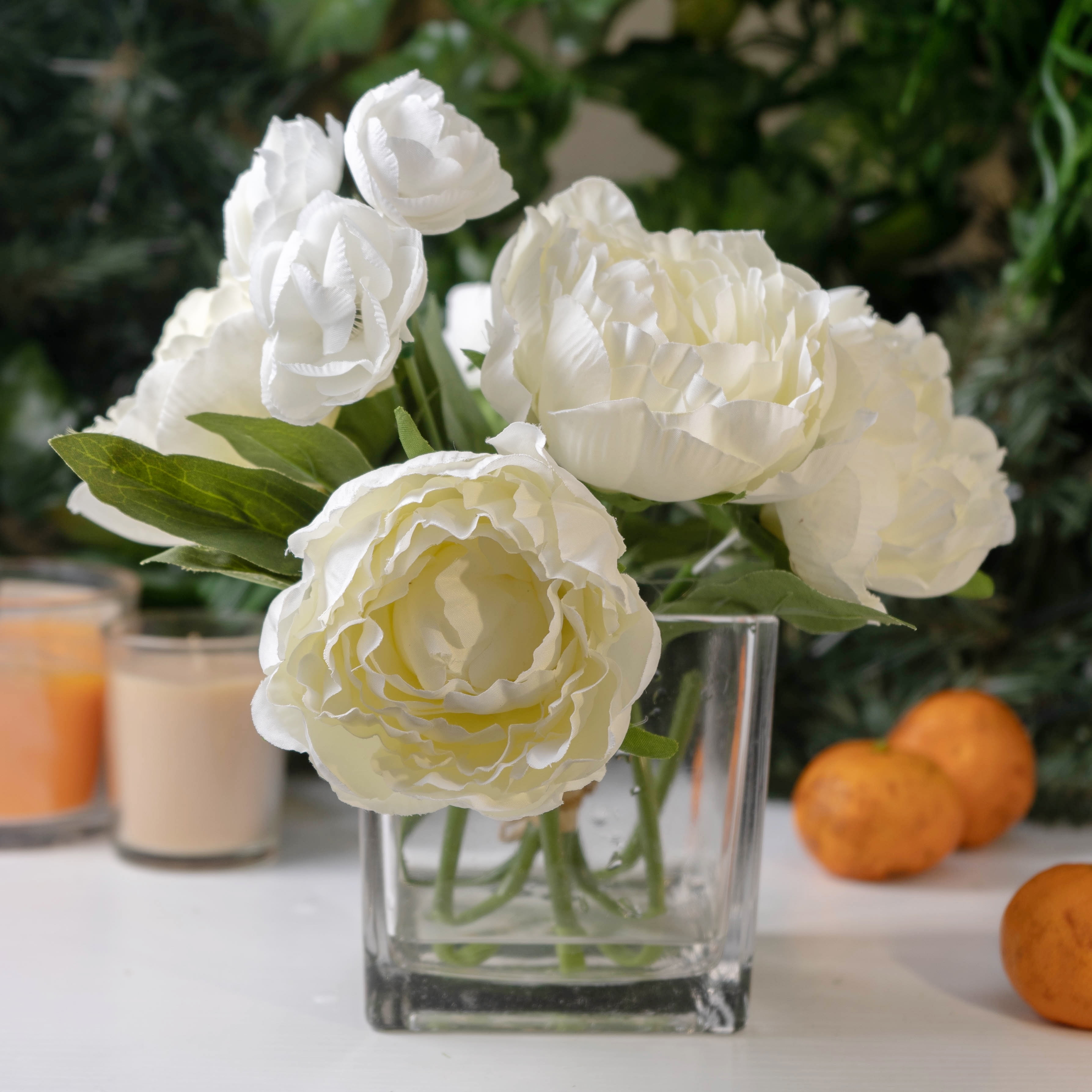 Fake Flowers with Vase, Silk Roses Artificial Flowers in Vase, Faux Flower Arrangement with Vase Suitable for Home Office Decoration, Dining Table Centerpiece(WHITE)