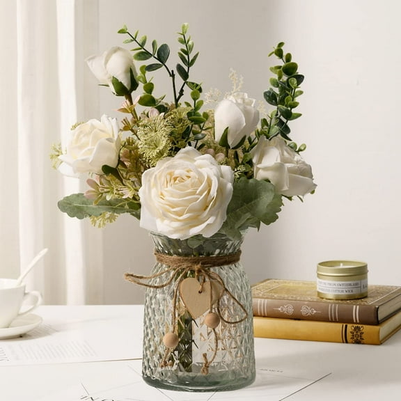 Fake Flowers with Vase, White Silk Roses Artificial Flowers Faux Flower Arrangement with Vase Suitable for Home Wedding Decoration Dining Table Centerpiece
