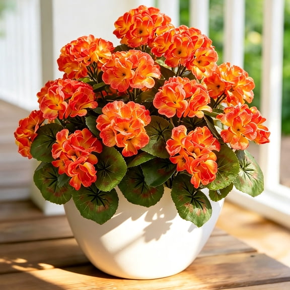 DAKIMOE 6 PCS Artificial Flowers for Outdoor Indoor- Orange Geranium Fake Flower Uv resistant Faux Flowers for Home Planter Porch Patio Balcony Yard Decor