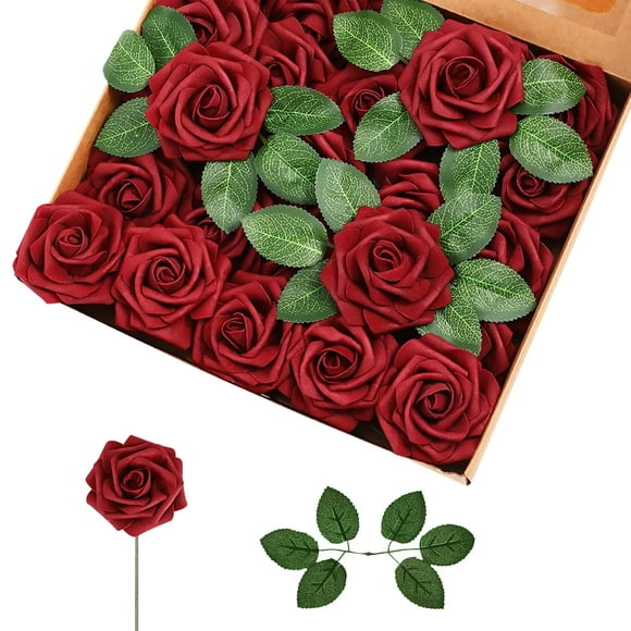 TiokMc 25 Pcs Artificial Rose Flowers with Stems and Leaves, Dark Wine Red Fake Roses for Wedding Bouquets, Party Décor, Baby Shower, DIY Arrangements, Home Decoration