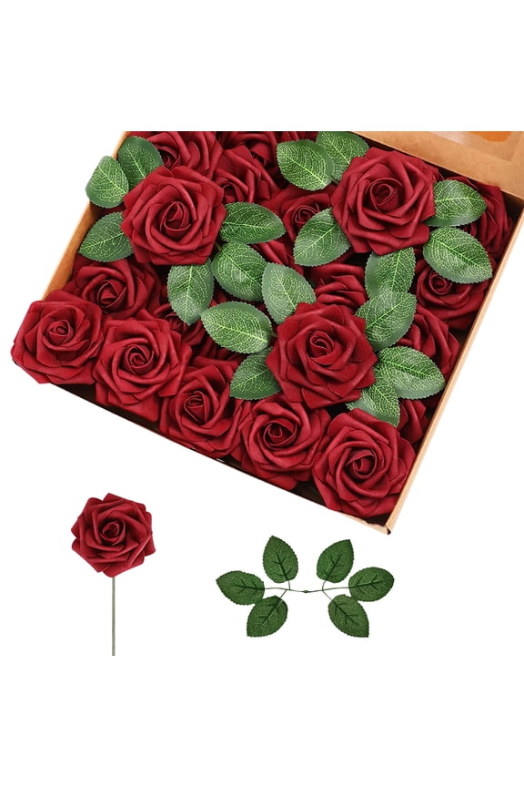 25 Pcs Artificial Rose Flowers with Stems and Leaves, Dark Wine Red Fake Roses for Wedding Bouquets, Party Décor, Baby Shower, DIY Arrangements, Home Decoration