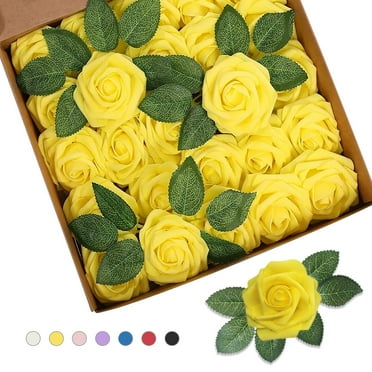 Qishi Artificial Roses - for Weddings, Home Decor, DIY Bouquets, 25 Pcs Yellow