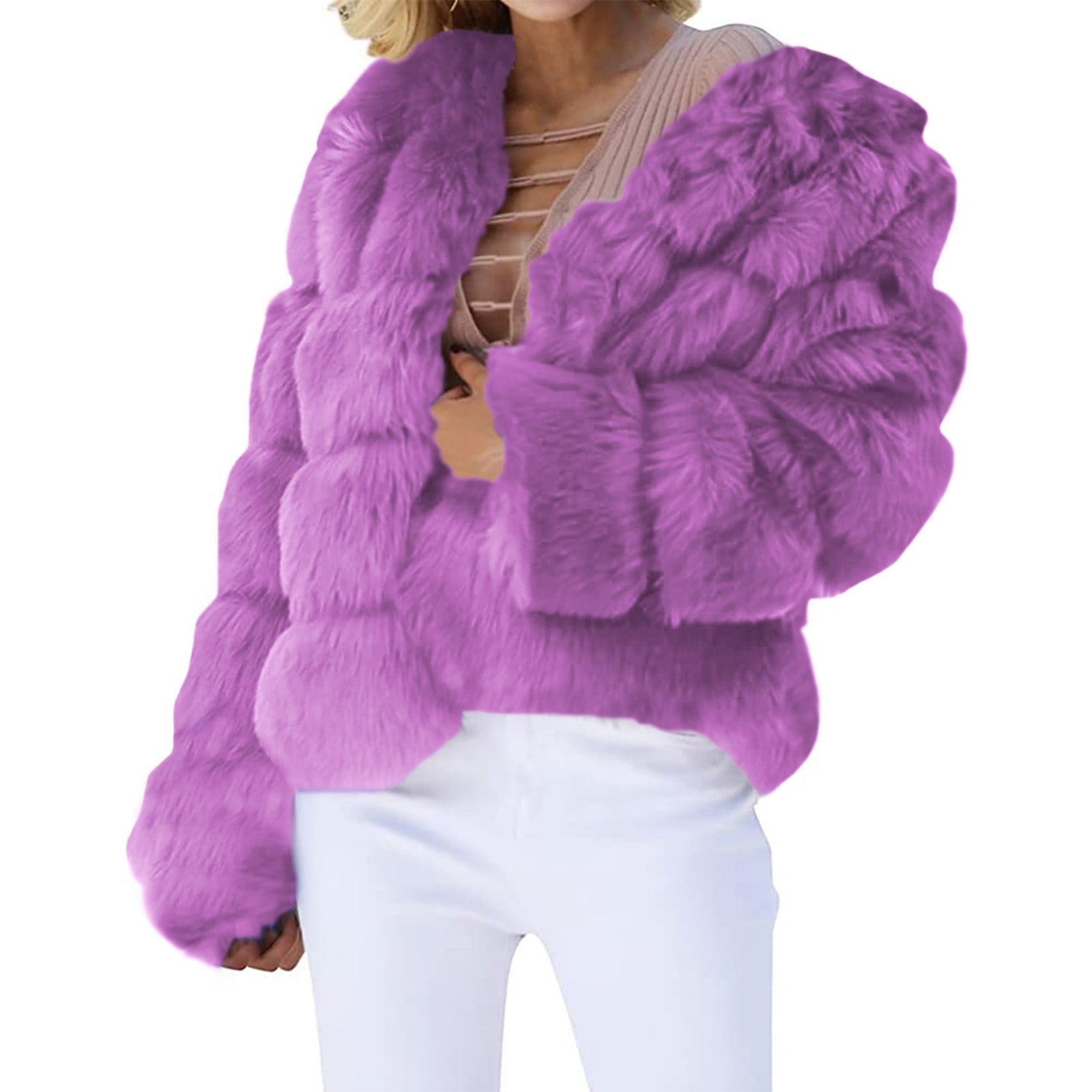 Fake Fur Coat, Yigetop Womens Winter Outerwear Faux Fur Long Sleeve Crop Jacket Shaggy Coat Open Front Cardigans Fur Coats for Women Purple XL
