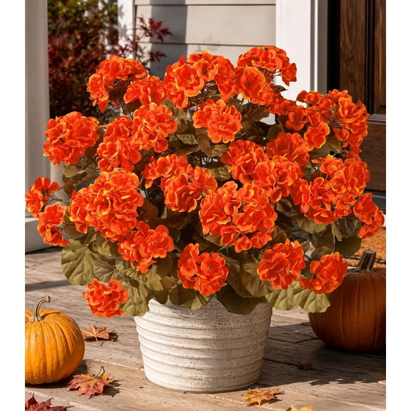 Fake Geraniums Artificial Flowers for Outdoors Fall Autumn Decoration, 6 Bundles Silk Geraniums Look Real Faux Fall Flowers Plants for Front Door Garden Planter Patio Balcony Yard Home Indoor, Orange