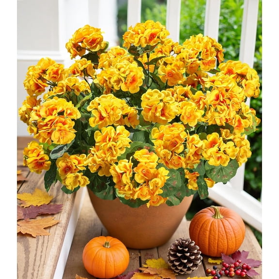 Fake Geraniums Artificial Flowers for Outdoors Fall Autumn Decoration, 6 Bundles Silk Geraniums UV Resistant Look Real Yellow Faux Flowers Plants for Front Door Garden Planter Patio Balcony Yard Home