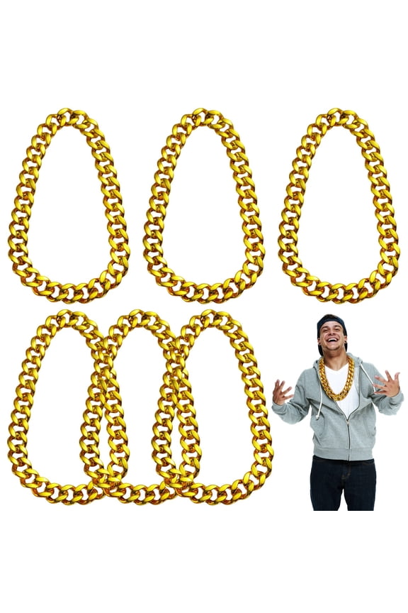Fake Gold Chains for Costume 6 Pcs, Hip Hop Rapper Plastic Chain Necklace, Trendy Street Style Jewelry for Party, Photoshoots