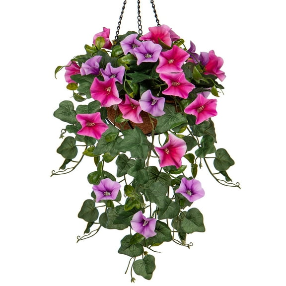 Fake Hanging Flowers with Basket, Artificial Morning Glory Hanging Plants Faux Spring Flowers for Outdoor Front Door Patio Garden Balcony Home Decoration(Pink/Purple)