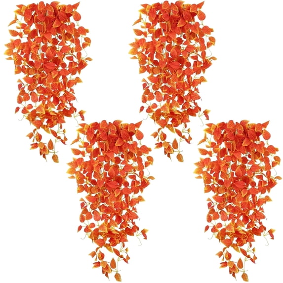 Scidweet Fall Artificial Hanging Plants, 4 Pack Faux Pothos Vines Autumn Hanging Fake Plants Wall Home Bedroom Living Room Indoor Outdoor Decor, Orange