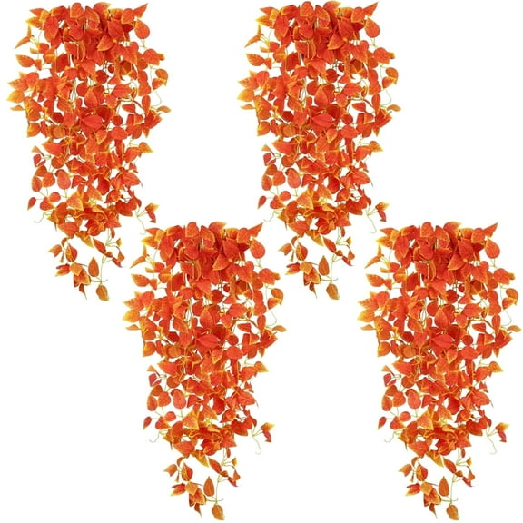 Scidweet Fall Artificial Hanging Plants, 4 Pack Faux Pothos Vines Autumn Hanging Fake Plants Wall Home Bedroom Living Room Indoor Outdoor Decor, Orange