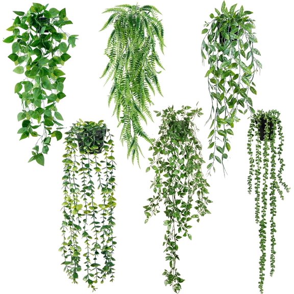 Fake Hanging Plants 6 Pack Artificial Hanging Euc Plants Potted Greenery Faux Mandala Vine String of Pearls Boston Fern Ivy Vine Leaves Pea Pod for Home Indoor Outdoor Shelf Wall Decor