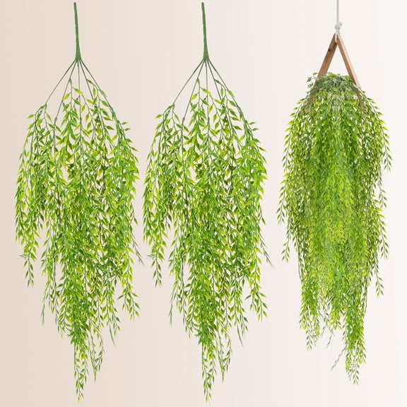 Fake Hanging Plants - Artificial Greenery for Outdoors, Long Artificial Weeping Willow Vines Fake Ivy for Shelf Wall Bathroom Porch Garden Party Decor
