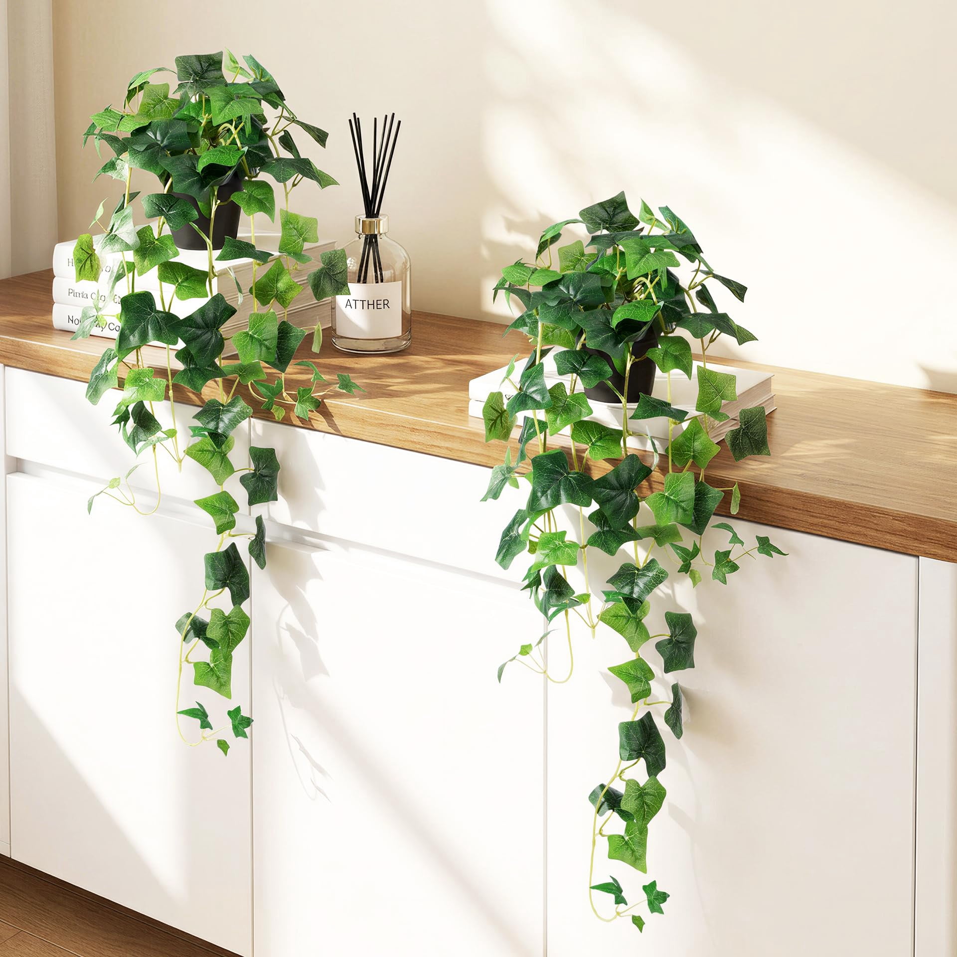 Fake Hanging Plants with Pots - Realistic Artificial Plant for Indoor Outdoor, 33In Silk Fake Potted Plants, 2PC Faux Ivy Vine for Shelf Tabletop Office Decor, Dark Green