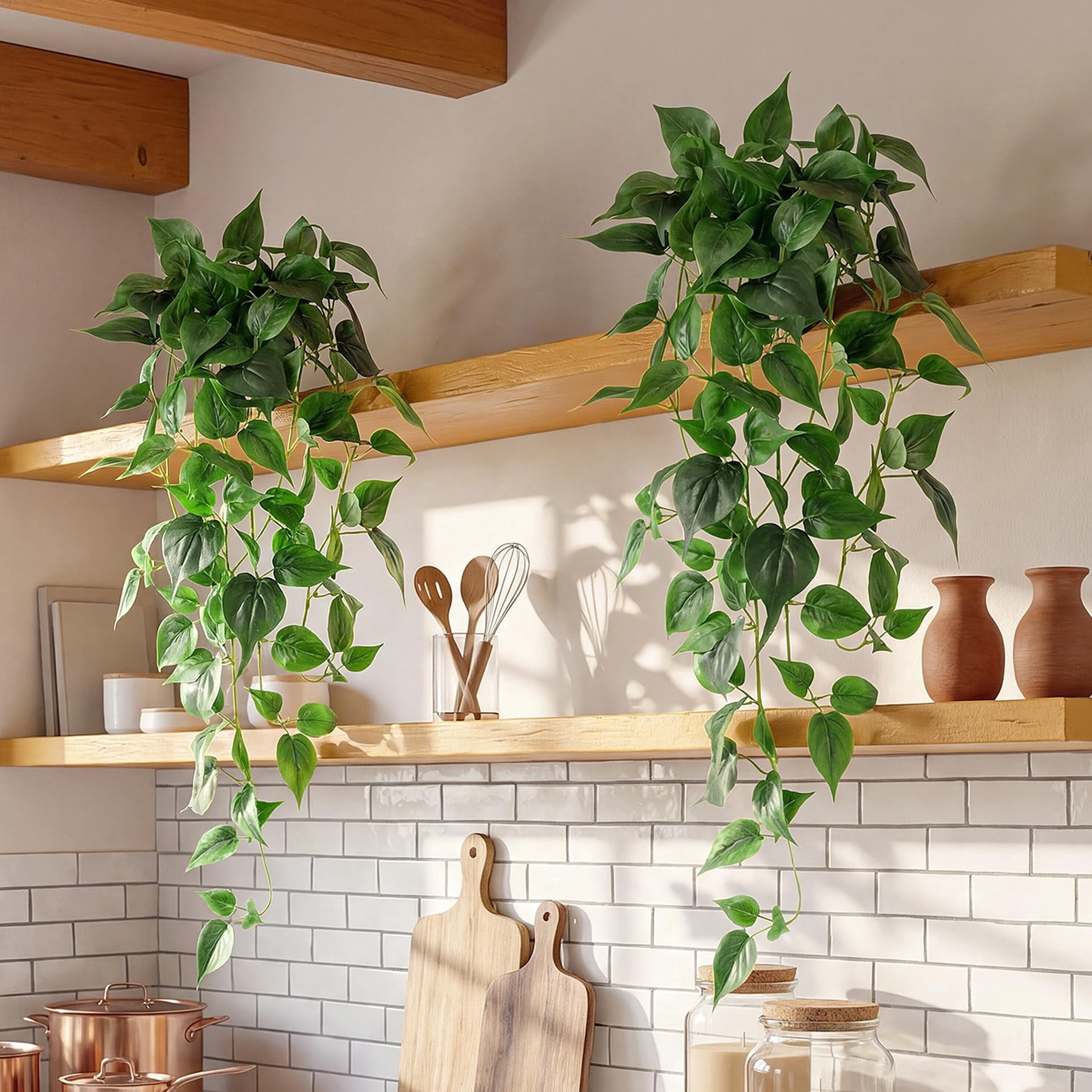 Fake Hanging Plants with Pots - Realistic Artificial Plant for Indoor Outdoor, 33In Silk Fake Potted Plants, 2PC Faux Ivy Vine for Shelf Tabletop Office Decor, Dark Green