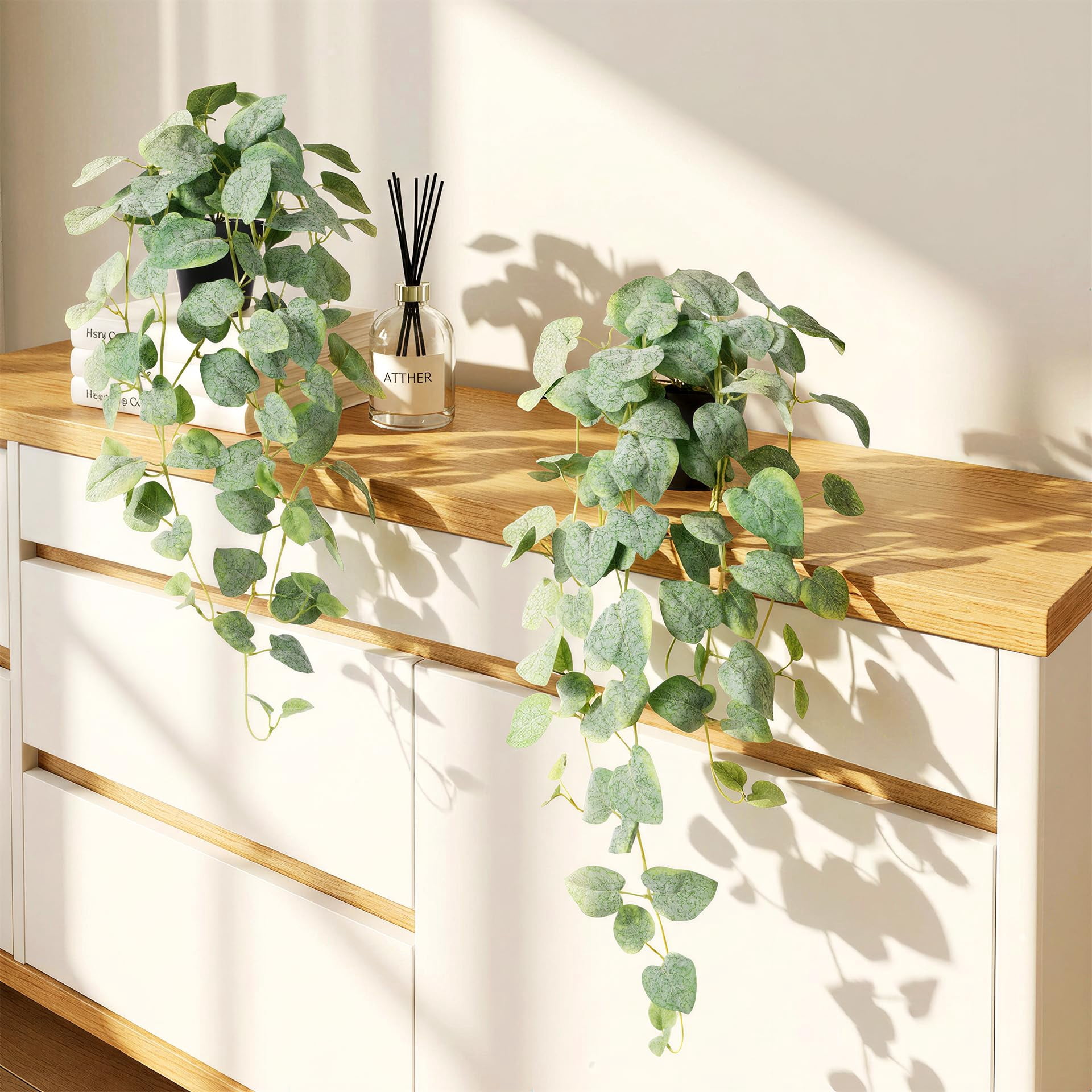 Fake Hanging Plants with Pots - Realistic Artificial Plant for Indoor Outdoor, 33In Silk Fake Potted Plants, 2PC Faux Ivy Vine for Shelf Tabletop Office Decor, Dark Green