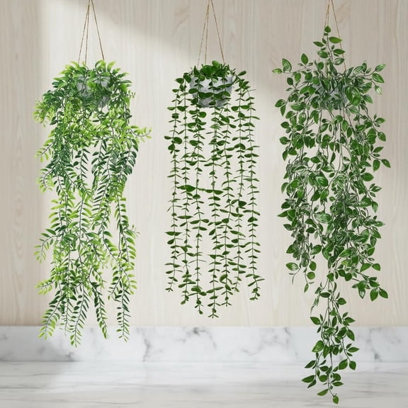 Fake Hanging Plants with Pots Faux Hanging Basket Plant Macrame Plant Hanger with Fake Vines Faux Hanging Planter for Wall Ceiling Home Indoor Decor