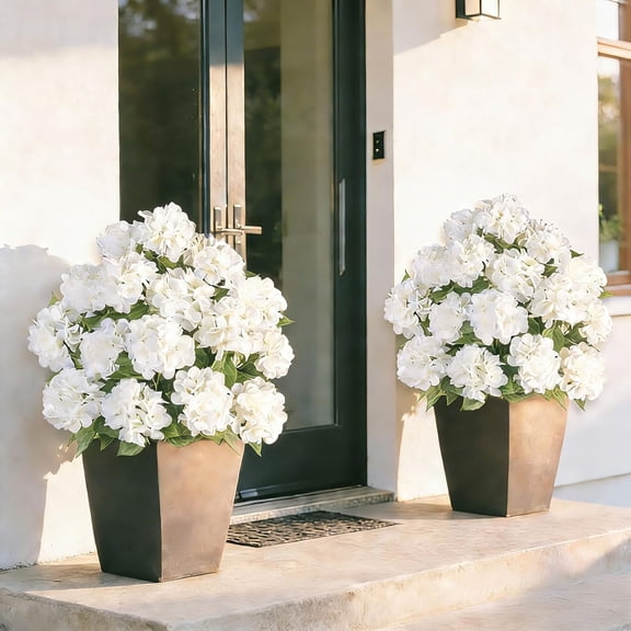 Fake Hydrangea Trees for Outdoors - 2 Packs 33" White Artificial Flower Topiary Ball Trees for Front Porch Decor