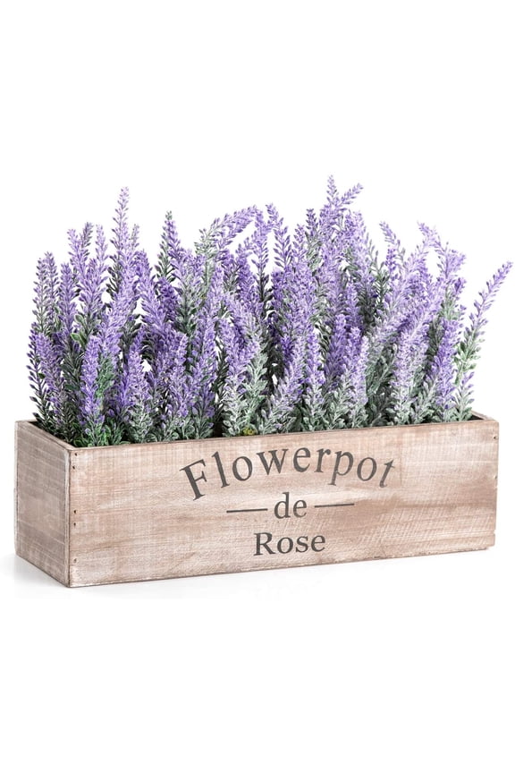 Fake Lavender Plant with Decorative Tray Wooden Box 14"- Spring Decorations for Home Office, Cottagecore Country Farmhouse Decor, Bathroom, Porch Decor, Purple Room, Faux Flower Indoor Garden