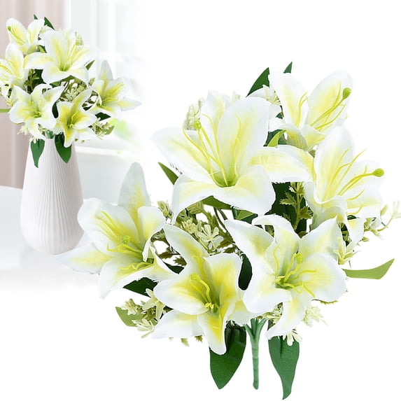 Fake Lilies,Artificial Lily Flowers,Silk Lily Bouquet, Fake Real Touch Floral Arrangement, Multi Head Elegant Lily Stems, Faux Flower Decor For Wedding Home Hotel Office Party Table Centerpiece