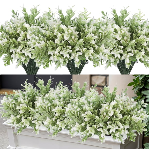 RECUTMS 8 Bundles Artificial Greenery Stems Fake Lucky Bamboo Leaves Faux Outdoor Plants UV Resistant Plastic Shrubs for Window Farmhouse Pathway Indoor Decorations (White)
