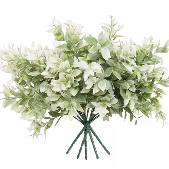 RECUTMS 8 Bundles Artificial Greenery Stems Fake Lucky Bamboo Leaves Faux Outdoor Plants UV Resistant Plastic Shrubs for Window Farmhouse Pathway Indoor Decorations (White)