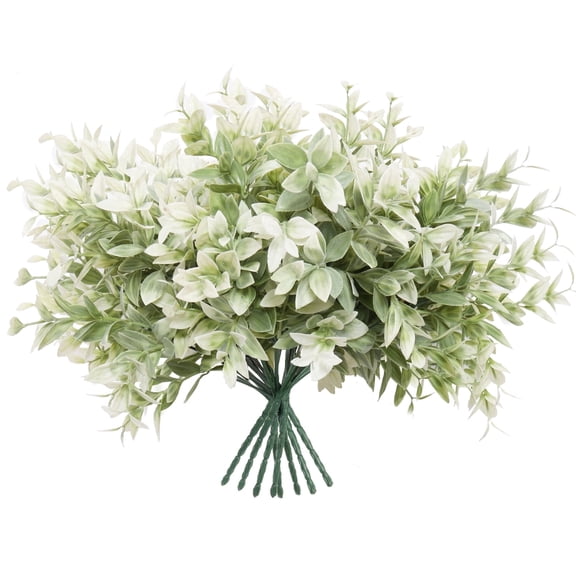 RECUTMS 8 Bundles Artificial Greenery Stems Fake Lucky Bamboo Leaves Faux Outdoor Plants UV Resistant Plastic Shrubs for Window Farmhouse Pathway Indoor Decorations (White)