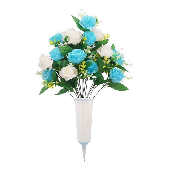 Fake Memorial Cemetery Flowers, Artificial Rose Flowers Bush, Fake Rose Bouquet with Stake, Faux Floral Arrangement for Grave Headstone Decoration, UV Resistant Waterproof Outdoor Vase Filler