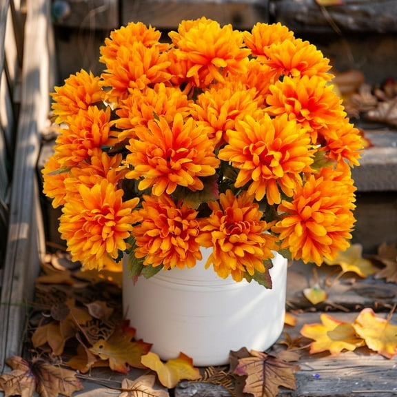 Fake Mums Flowers, 5 Pack 25 Heads Artificial Chrysanthemums Silk Fall Flower for Autumn Wedding Table Centerpieces Front Porch Halloween Diwali Cemetery Indoor Outdoor Decor (Burnt Orange)