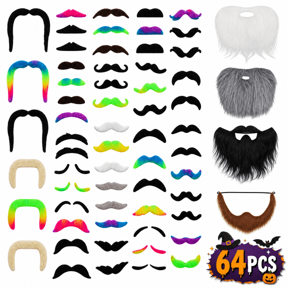 Fake Mustache and Beard Costume Accessories, Assorted Polyester Facial Hair for Halloween Party Favors Dress Up Pranks Colorful Mustache Mix