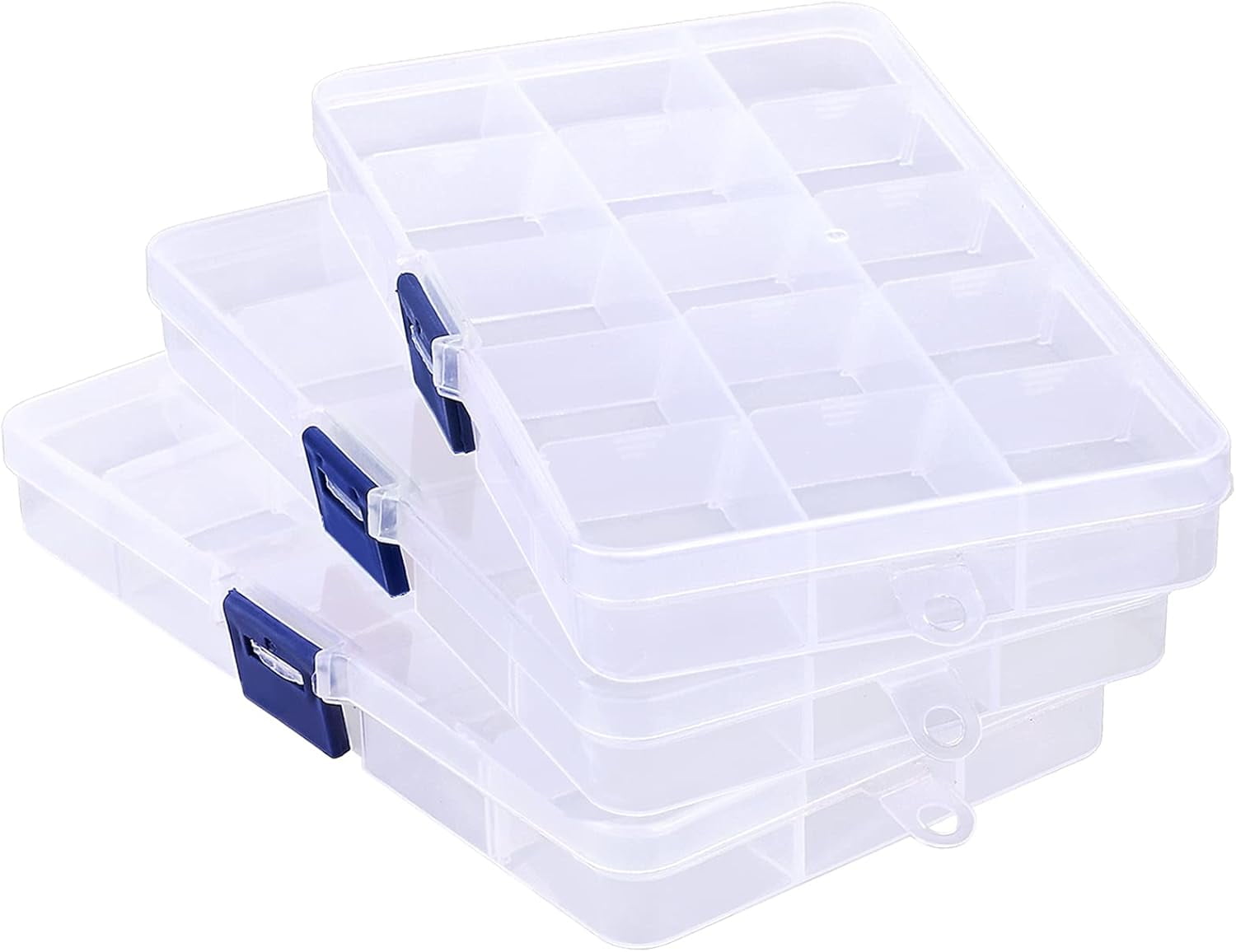 Fake Nail Storage Box, 3PCS 15-Grid Rhinestone Organizer Case with Divider, Clear Plastic Empty Container for Art Craft Sewing Screw Rock Collection Fishing Tackle, Fishing Tackle Box Set