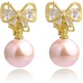 thumbnail image 1 of Pink/White Pearl Bow Clip on Earrings Women Rhinestone Bow Clip Earrings Cute Bow Clip Earrings, 1 of 6