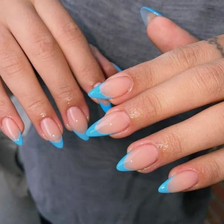 Fake Nails Short Almond Press on Nails Baby Blue French Tip Nails